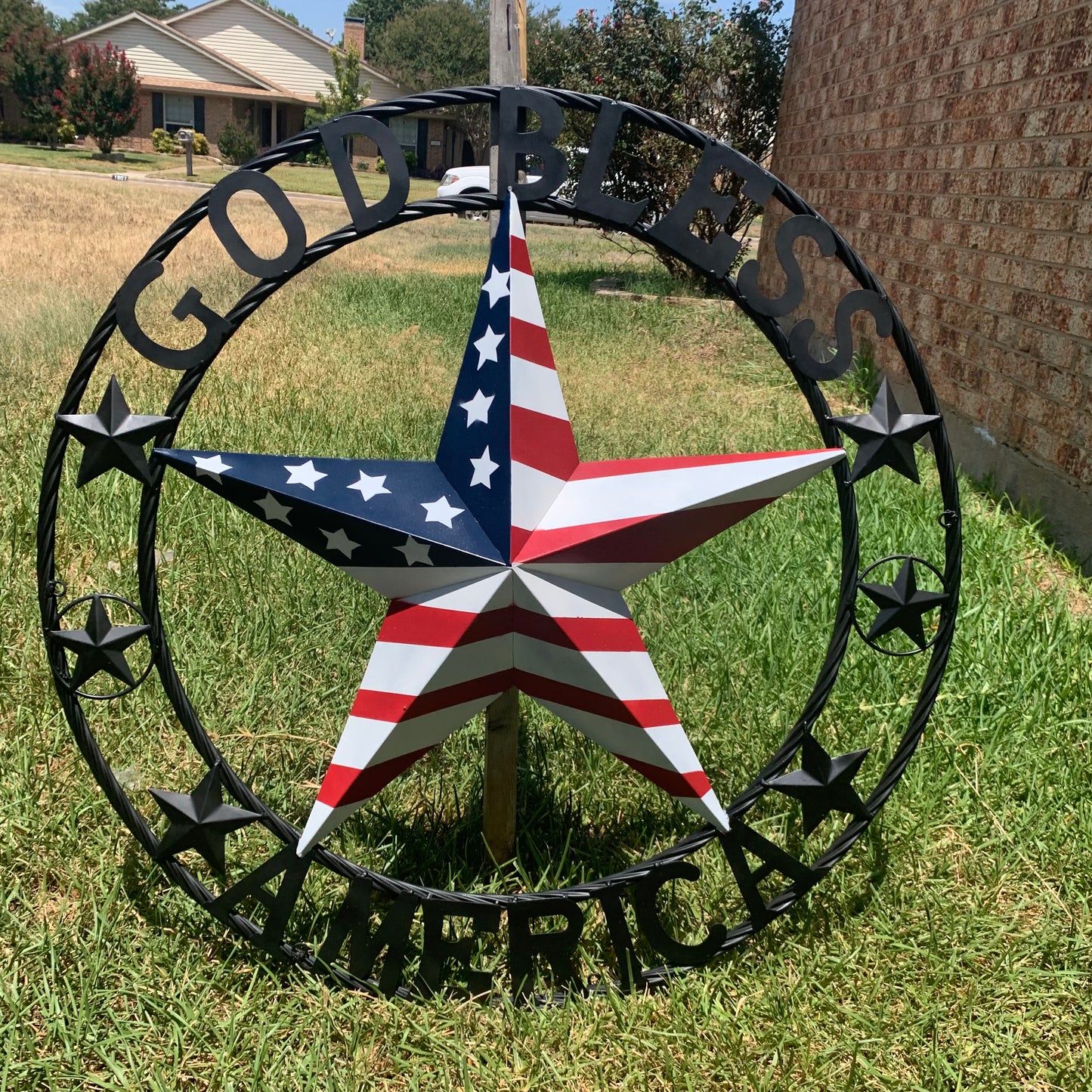 GOD BLESS AMERICA USA FLAG 3d STAR METAL BARN STAR BLACK TWISTED ROPE RING WALL ART WESTERN HOME DECOR RED WHITE & BLUE HANDMADE NEW #EH10490