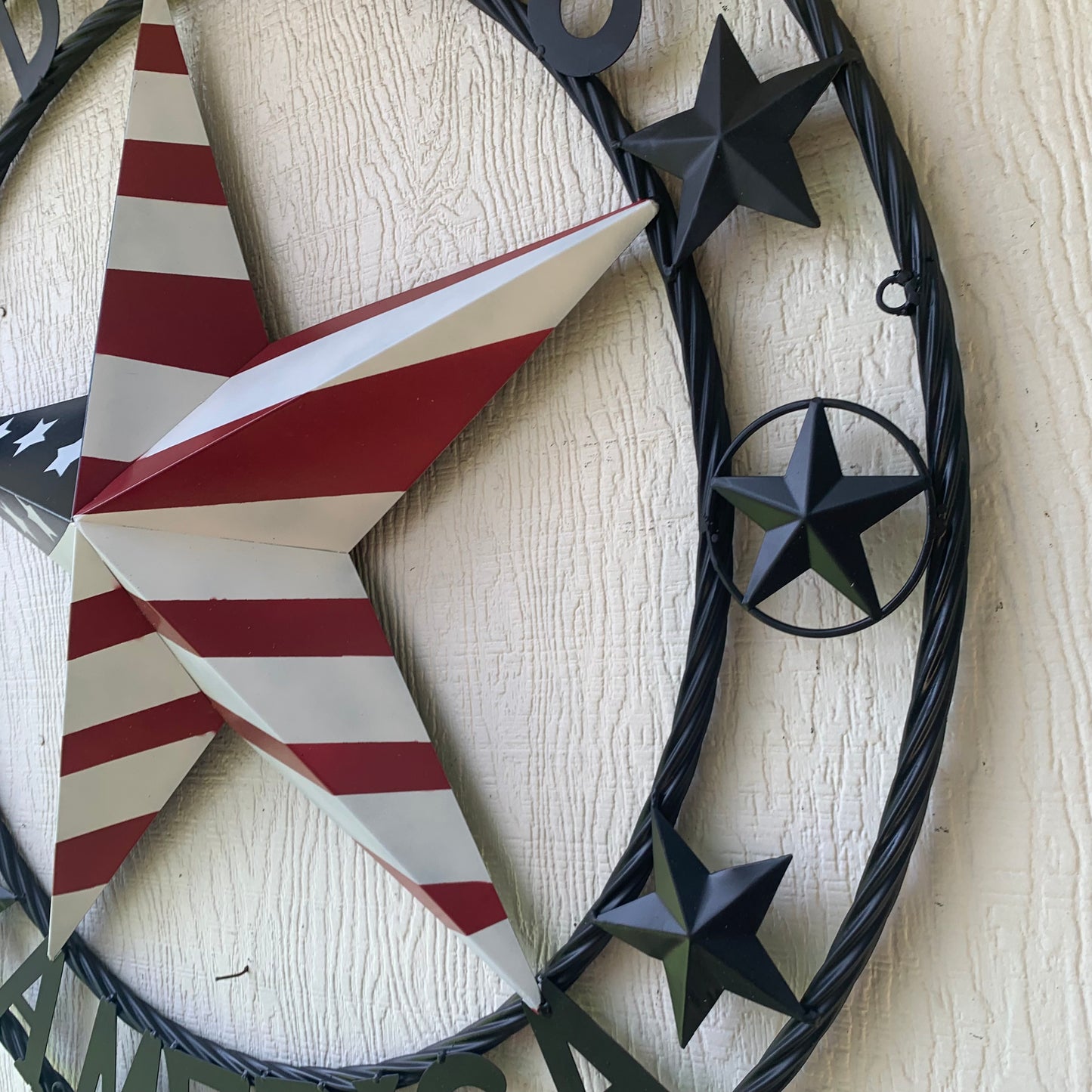 GOD BLESS AMERICA USA FLAG 3d STAR METAL BARN STAR BLACK TWISTED ROPE RING WALL ART WESTERN HOME DECOR RED WHITE & BLUE HANDMADE NEW #EH10490