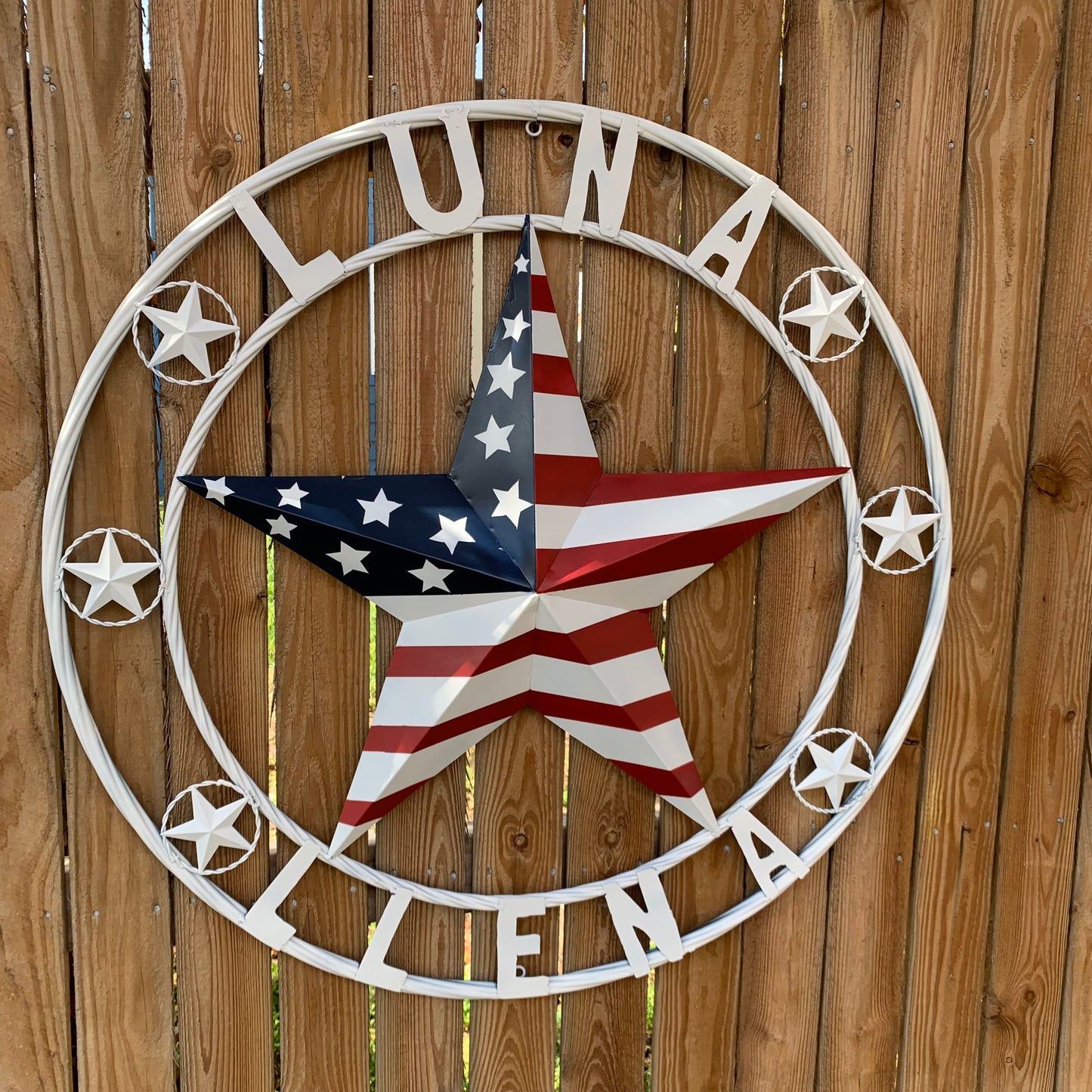 LUNA STYLE CUSTOM NAME BARN STAR METAL STAR 3d TWISTED ROPE RING WESTERN HOME DECOR USA FLAG STAR RED WHOTE & BLUE WITH WHITE RING HANDMADE 24",32",36",50"