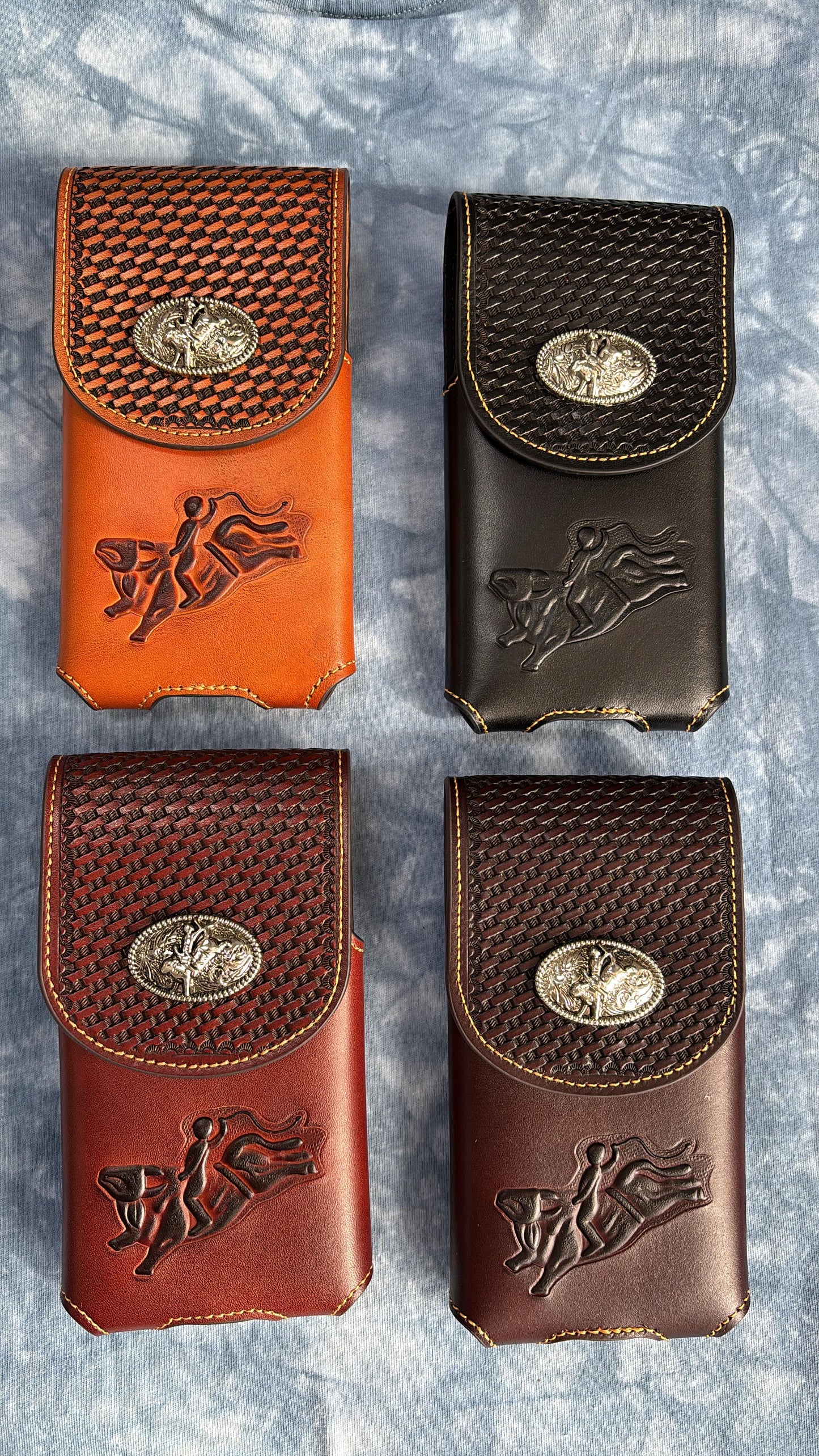 7" RODEO BULL RIDER LEATHER POUCH EXTRA LARGE  BELT LOOP HOLSTER CELL PHONE CASE UNIVERSAL OVERSIZE HANDMADE #EH12966