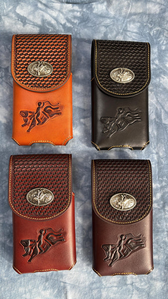 7" RODEO BULL RIDER LEATHER POUCH EXTRA LARGE  BELT LOOP HOLSTER CELL PHONE CASE UNIVERSAL OVERSIZE HANDMADE