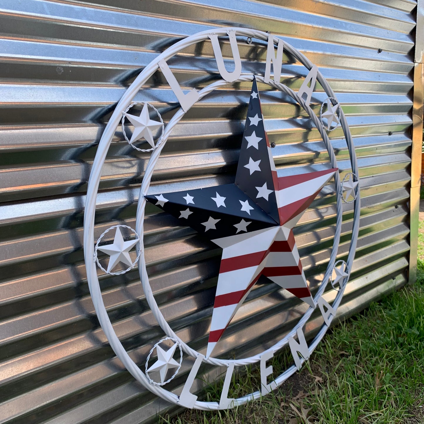 LUNA STYLE CUSTOM NAME BARN STAR METAL STAR 3d TWISTED ROPE RING WESTERN HOME DECOR USA FLAG STAR RED WHOTE & BLUE WITH WHITE RING HANDMADE 24",32",36",50"