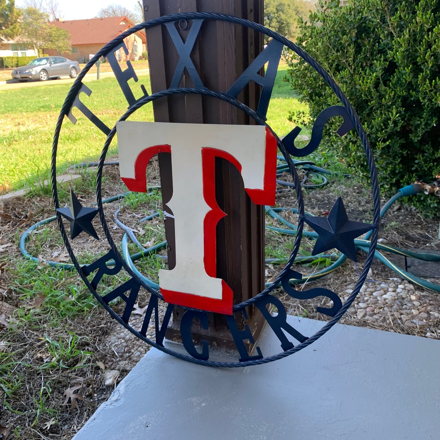 12", 18", 24", 32" TEXAS RANGERS BARN CUSTOM METAL VINTAGE CRAFT SIGN TEAM  WHITE & RED & NAVY BLUE RING & STAR HANDMADE