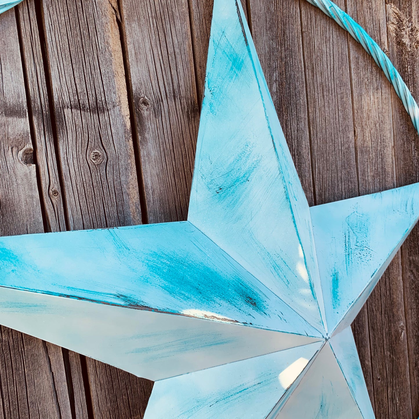 #EH11219 TURQUOISE WHITE DISTRESSED STAR TWO TONE TEXTURE BARN STAR METAL LONESTAR TWISTED ROPE RING WESTERN HOME DECOR HANDMADE NEW