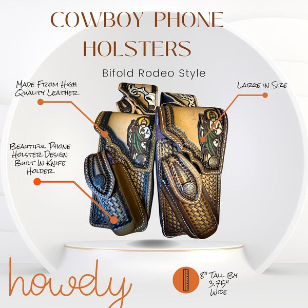 JESUS LEATHER HOLSTER PHONE POUCH WITH KNIFE HOLDER FRONT EXTRA LARGE  BELT LOOP CELL PHONE CASE UNIVERSAL OVERSIZE #EH12978