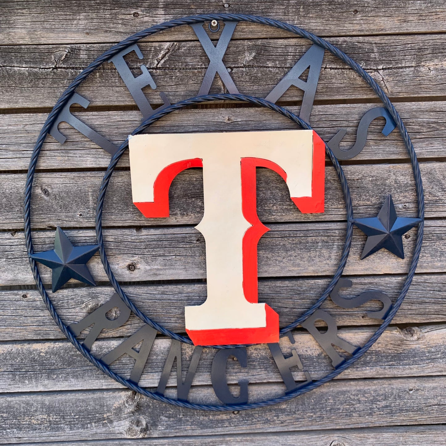 12", 18", 24", 32" TEXAS RANGERS BARN CUSTOM METAL VINTAGE CRAFT SIGN TEAM  WHITE & RED & NAVY BLUE RING & STAR HANDMADE