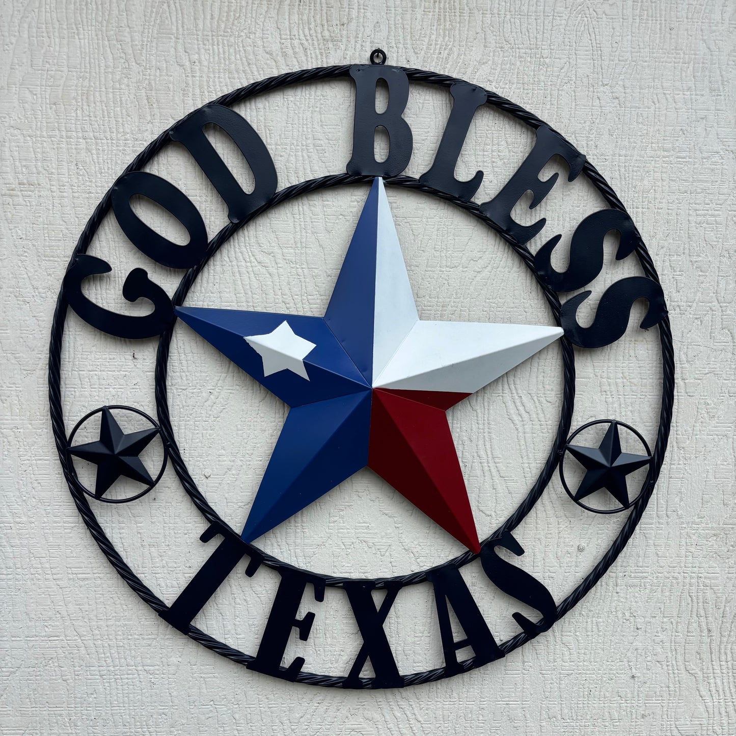 GOD BLESS TEXAS BARN STAR RED WHITE BLUE STAR WITH NAVY BLUE RING LONE STAR TWISTED ROPE RING WESTERN HOME DECOR HANDMADE