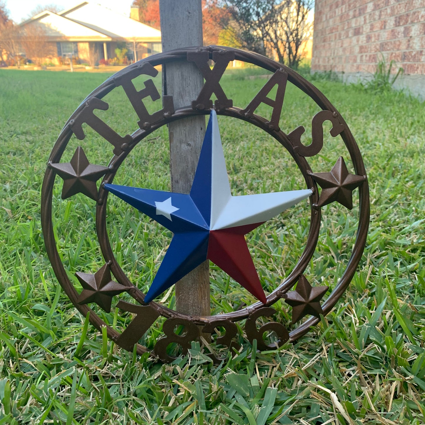 TEXAS FLAG STAR RED WHT BLUE STAR & BRONZE COPPER RING 1836 TEXAS METAL BARN LONE STAR WESTERN HOME DECOR HANDMADE NEW 12",18",24",32",36",50"
