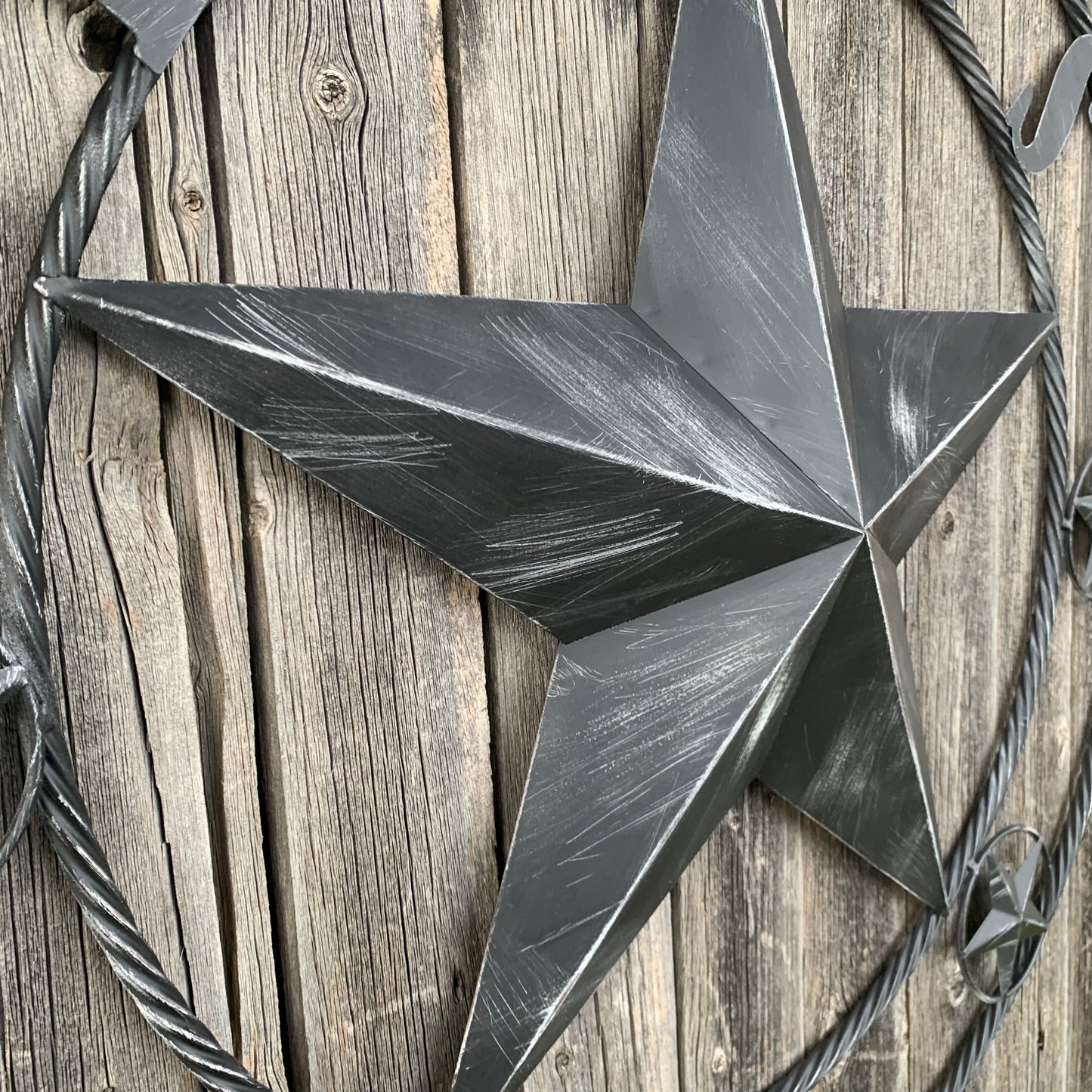 TEXAS BLACK DISTRESSED STAR TWO TONE TEXTURE BARN STAR METAL LONESTAR TWISTED ROPE RING WESTERN HOME DECOR HANDMADE NEW