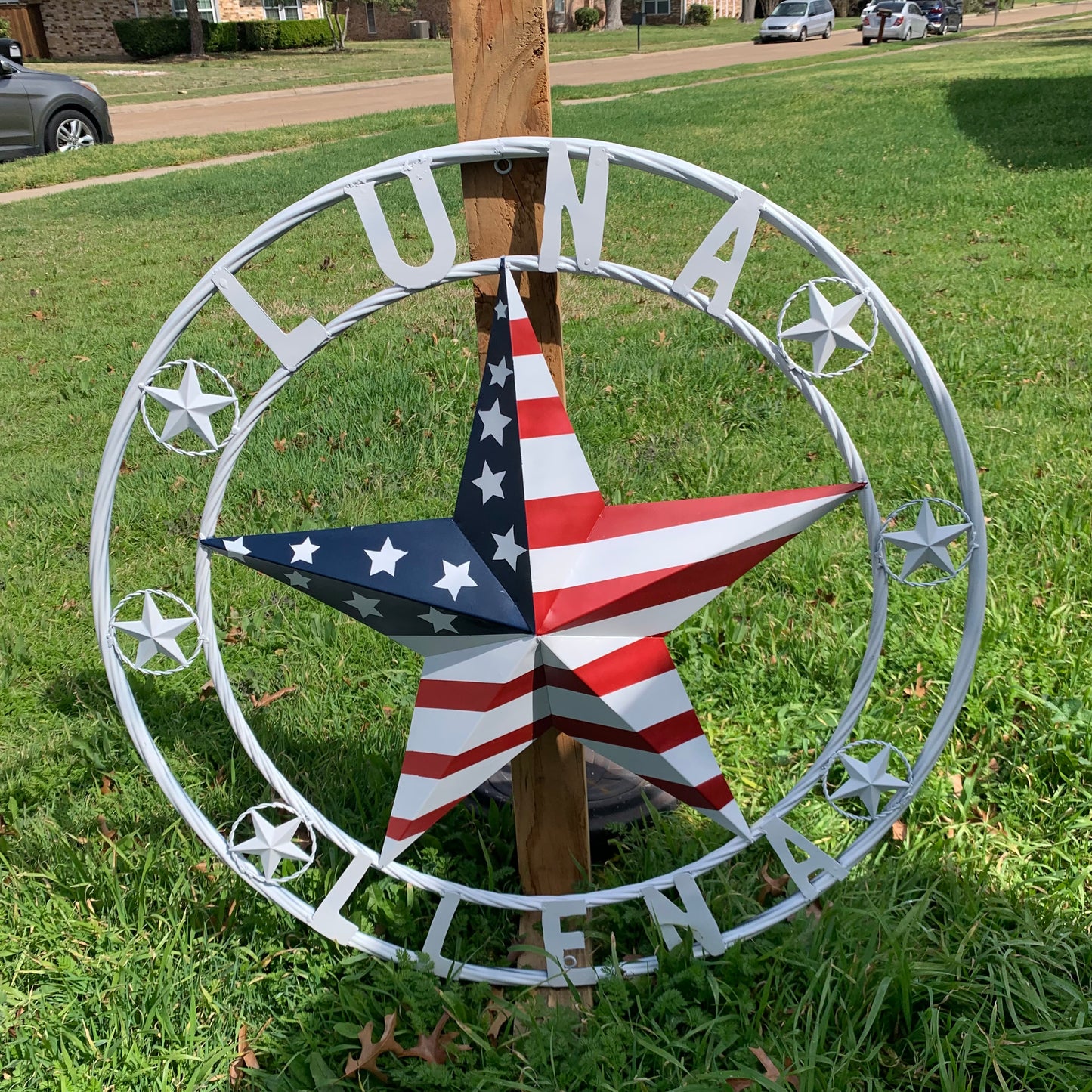 LUNA STYLE CUSTOM NAME BARN STAR METAL STAR 3d TWISTED ROPE RING WESTERN HOME DECOR USA FLAG STAR RED WHOTE & BLUE WITH WHITE RING HANDMADE 24",32",36",50"