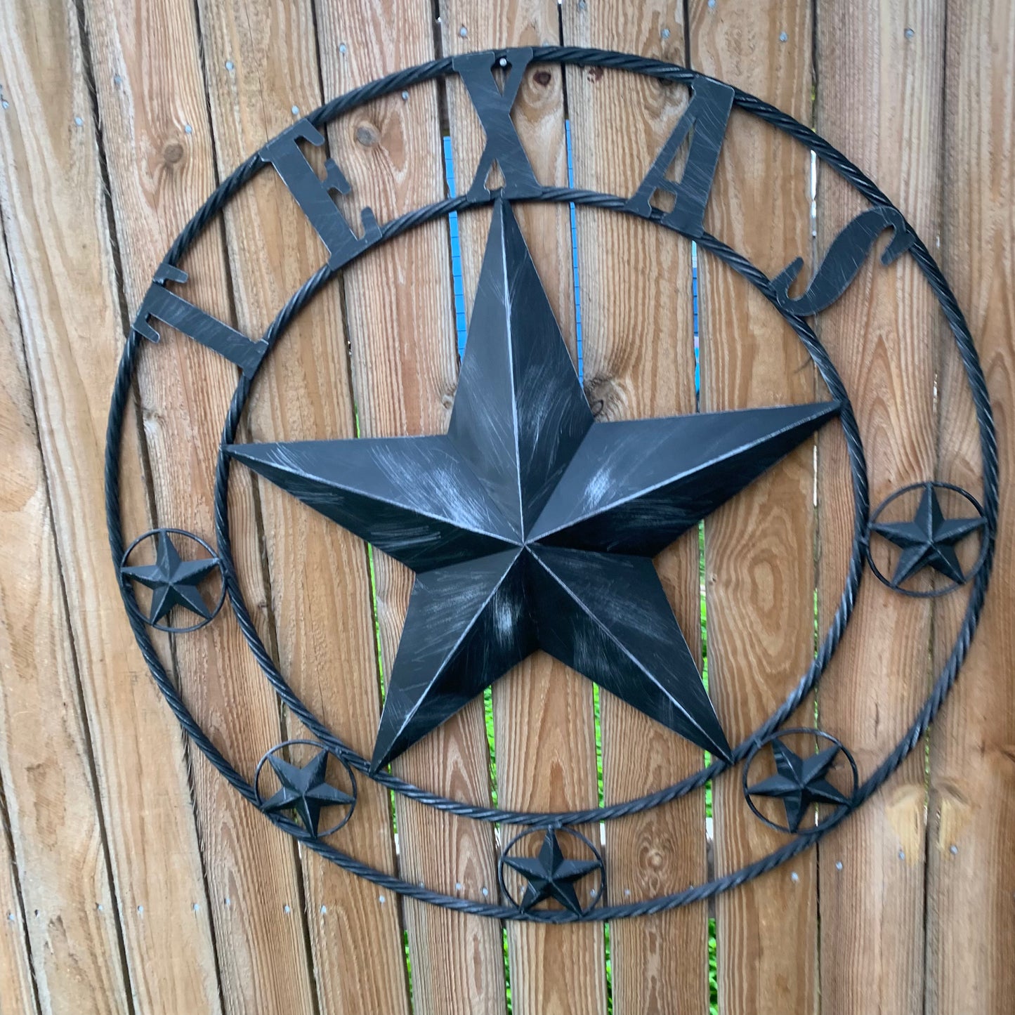 TEXAS BLACK DISTRESSED STAR TWO TONE TEXTURE BARN STAR METAL LONESTAR TWISTED ROPE RING WESTERN HOME DECOR HANDMADE NEW
