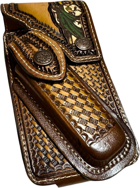 JESUS LEATHER HOLSTER PHONE POUCH WITH KNIFE HOLDER FRONT EXTRA LARGE  BELT LOOP CELL PHONE CASE UNIVERSAL OVERSIZE #EH12978