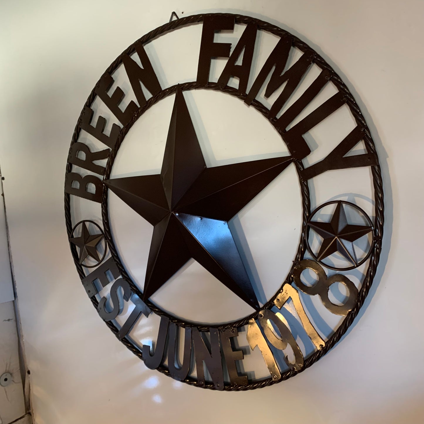 BREEN FAMILY STYLE CUSTOM NAME STAR BARN METAL STAR 3d TWISTED ROPE RING WESTERN HOME DECOR RUSTIC BROWN HANDMADE 24",32",36",50"