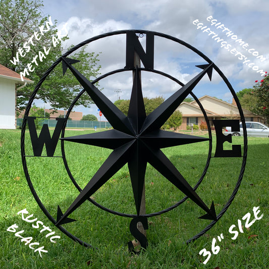36" COMPASS RUSTIC BLACK METAL SIGN WALL ART WESTERN HOME DECOR HANDMADE NEW
