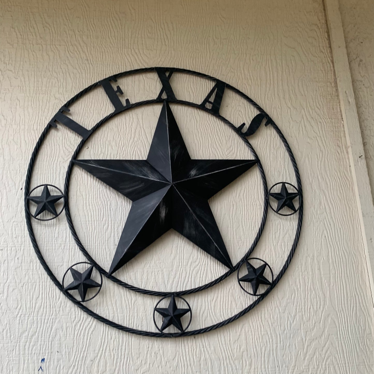 TEXAS BLACK DISTRESSED STAR TWO TONE TEXTURE BARN STAR METAL LONESTAR TWISTED ROPE RING WESTERN HOME DECOR HANDMADE NEW