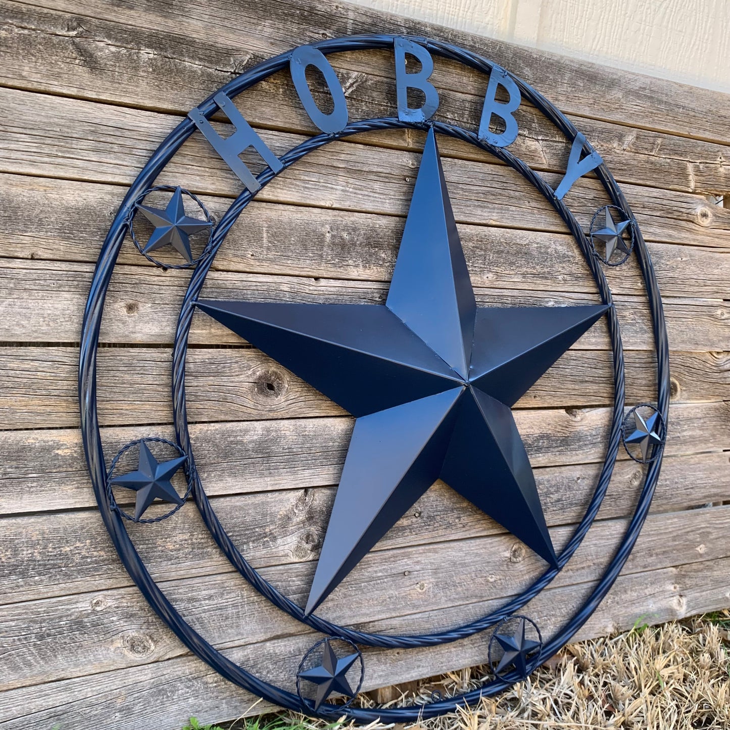 HOBBY STYLE CUSTOM NAME STAR BARN METAL STAR 3d TWISTED ROPE RING WESTERN HOME DECOR RUSTIC NAVY BLUE HANDMADE 24",32",36",50"