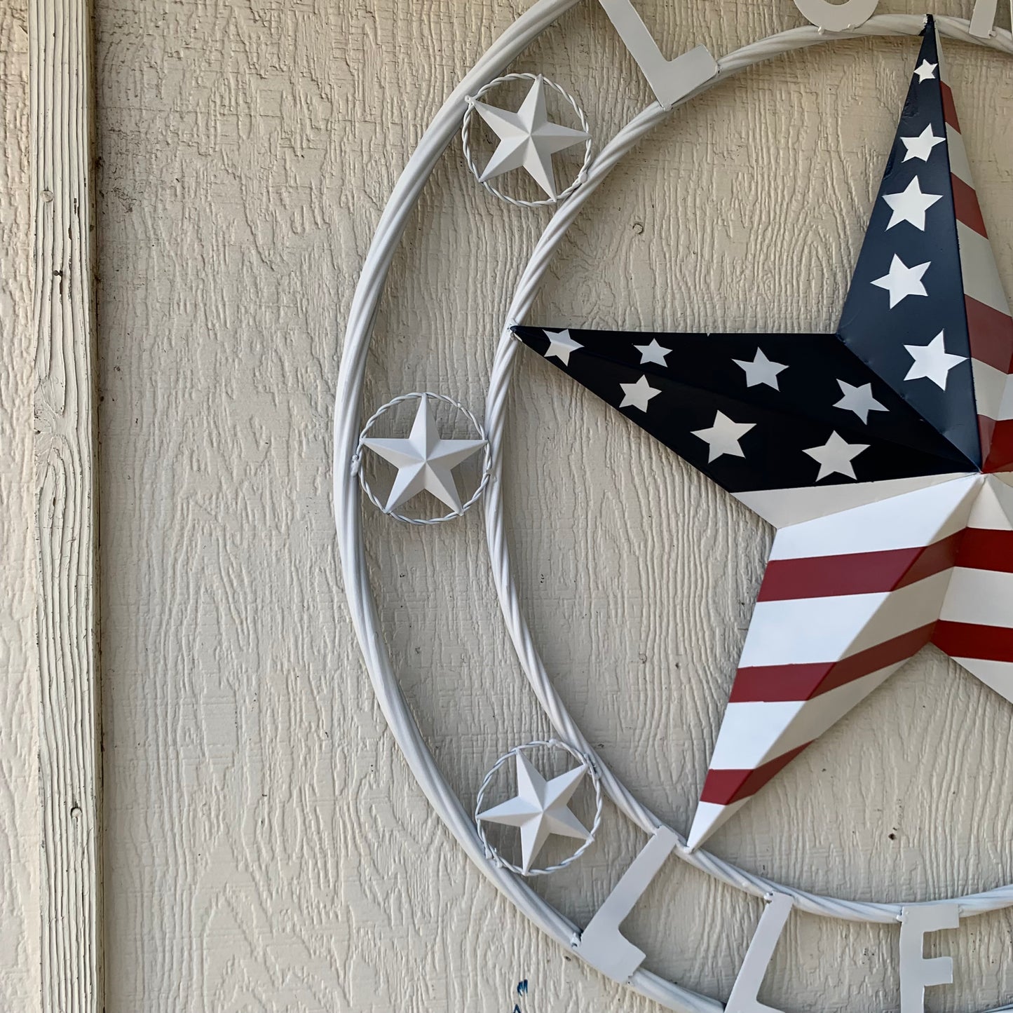 LUNA STYLE CUSTOM NAME BARN STAR METAL STAR 3d TWISTED ROPE RING WESTERN HOME DECOR USA FLAG STAR RED WHOTE & BLUE WITH WHITE RING HANDMADE 24",32",36",50"
