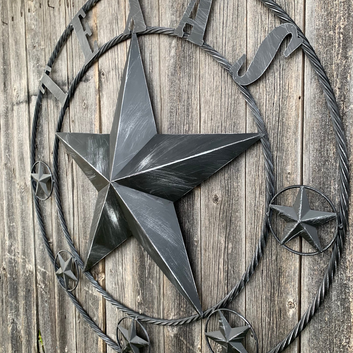 TEXAS BLACK DISTRESSED STAR TWO TONE TEXTURE BARN STAR METAL LONESTAR TWISTED ROPE RING WESTERN HOME DECOR HANDMADE NEW