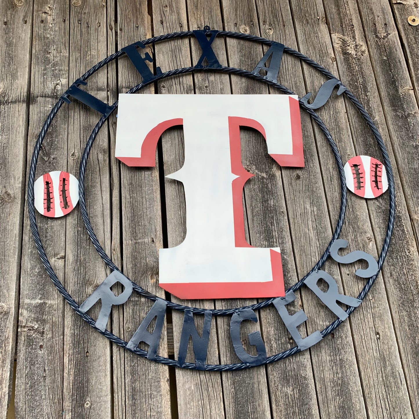 TEXAS RANGERS CUSTOM METAL VINTAGE CRAFT TEAM SIGN WHITE & RED & NAVY BLUE RING HANDMADE