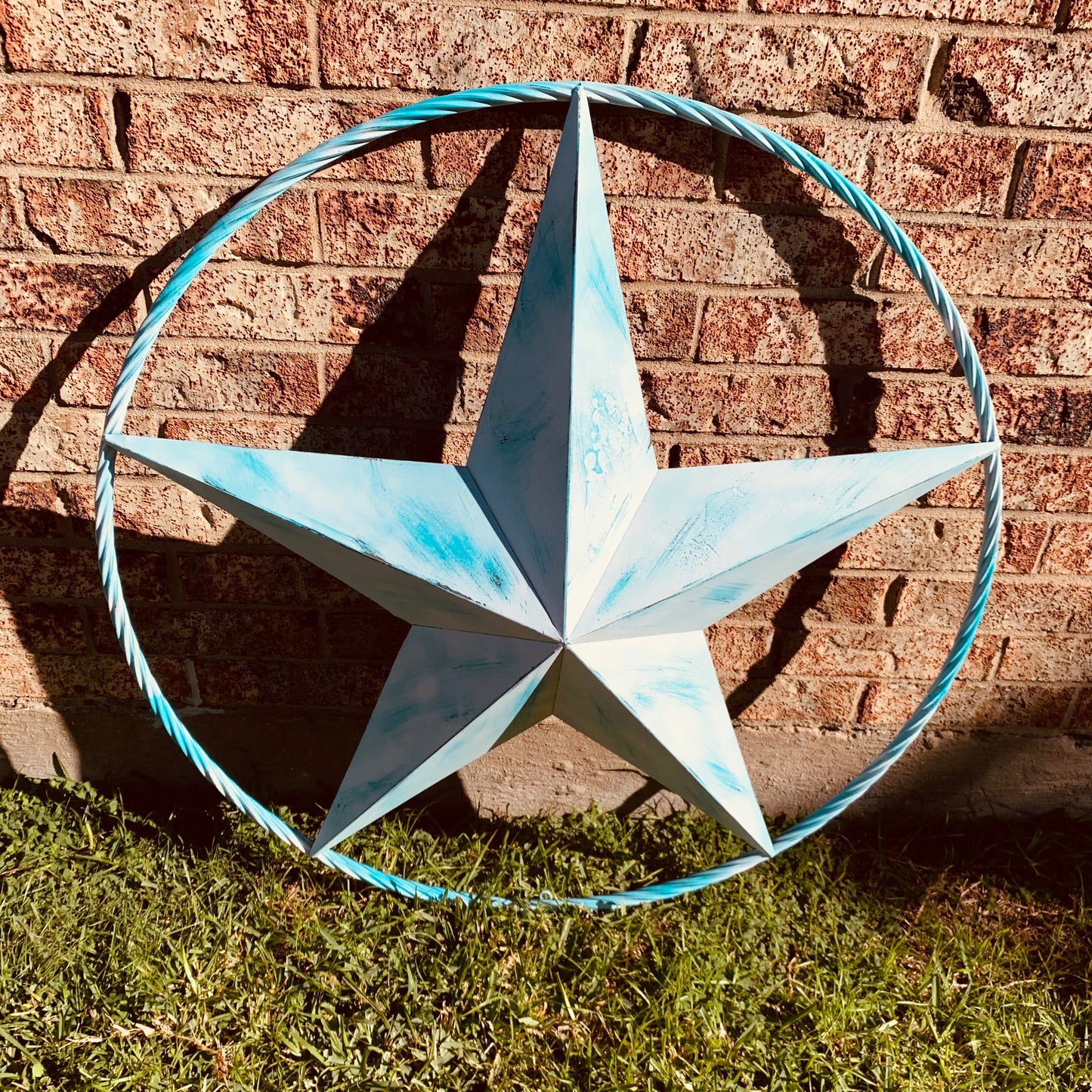 #EH11219 TURQUOISE WHITE DISTRESSED STAR TWO TONE TEXTURE BARN STAR METAL LONESTAR TWISTED ROPE RING WESTERN HOME DECOR HANDMADE NEW