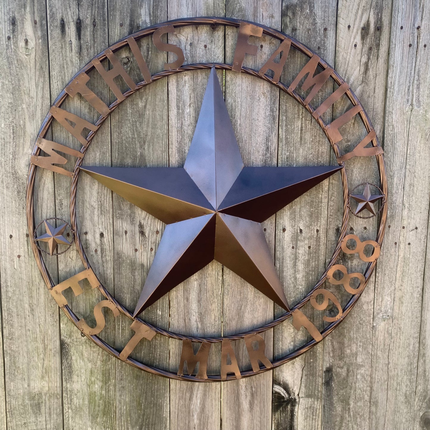 MATHIS STYLE CUSTOM NAME STAR BARN STAR 3d METAL LONESTAR TWISTED ROPE RING WESTERN HOME DECOR RUSTIC BRONZE COPPER HANDMADE 24",32",36",50"
