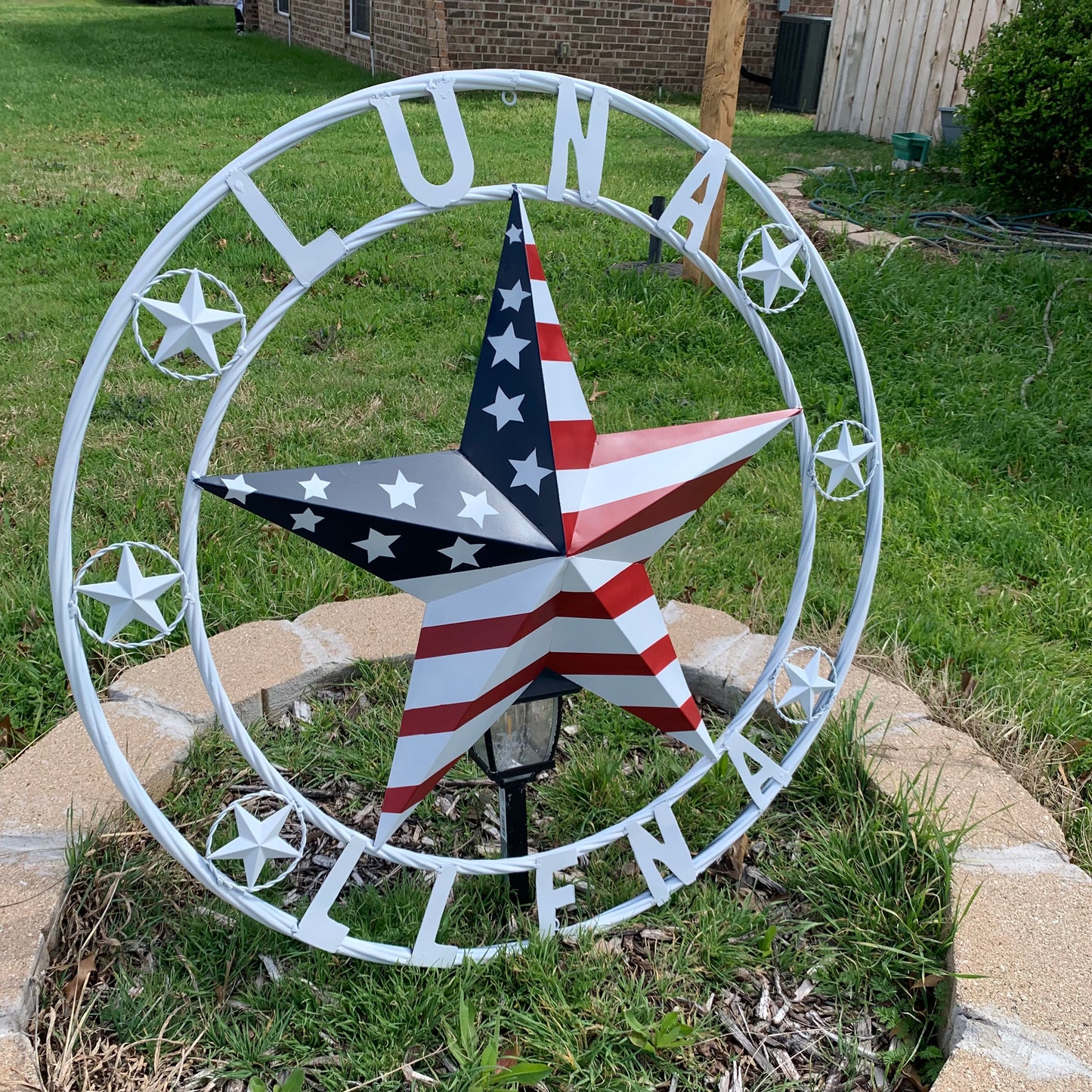 LUNA STYLE CUSTOM NAME BARN STAR METAL STAR 3d TWISTED ROPE RING WESTERN HOME DECOR USA FLAG STAR RED WHOTE & BLUE WITH WHITE RING HANDMADE 24",32",36",50"