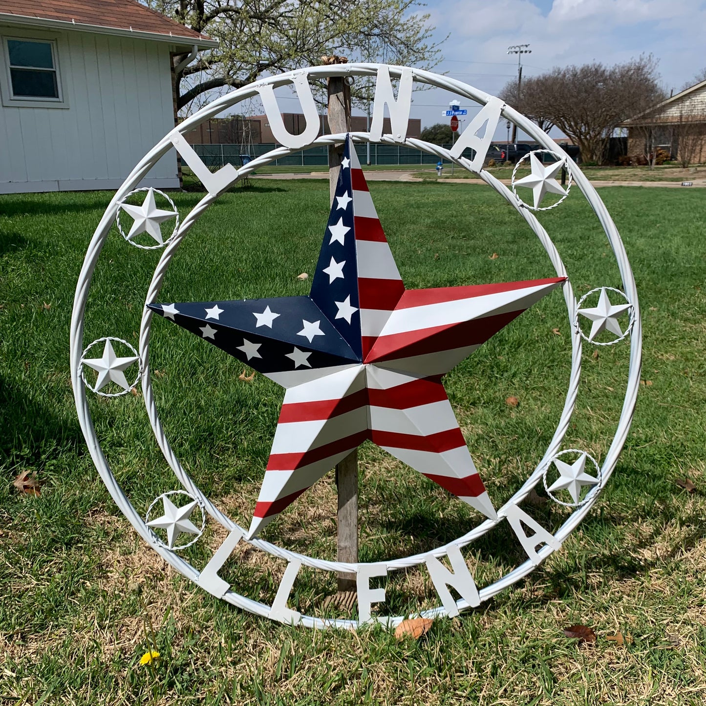 LUNA STYLE CUSTOM NAME BARN STAR METAL STAR 3d TWISTED ROPE RING WESTERN HOME DECOR USA FLAG STAR RED WHOTE & BLUE WITH WHITE RING HANDMADE 24",32",36",50"