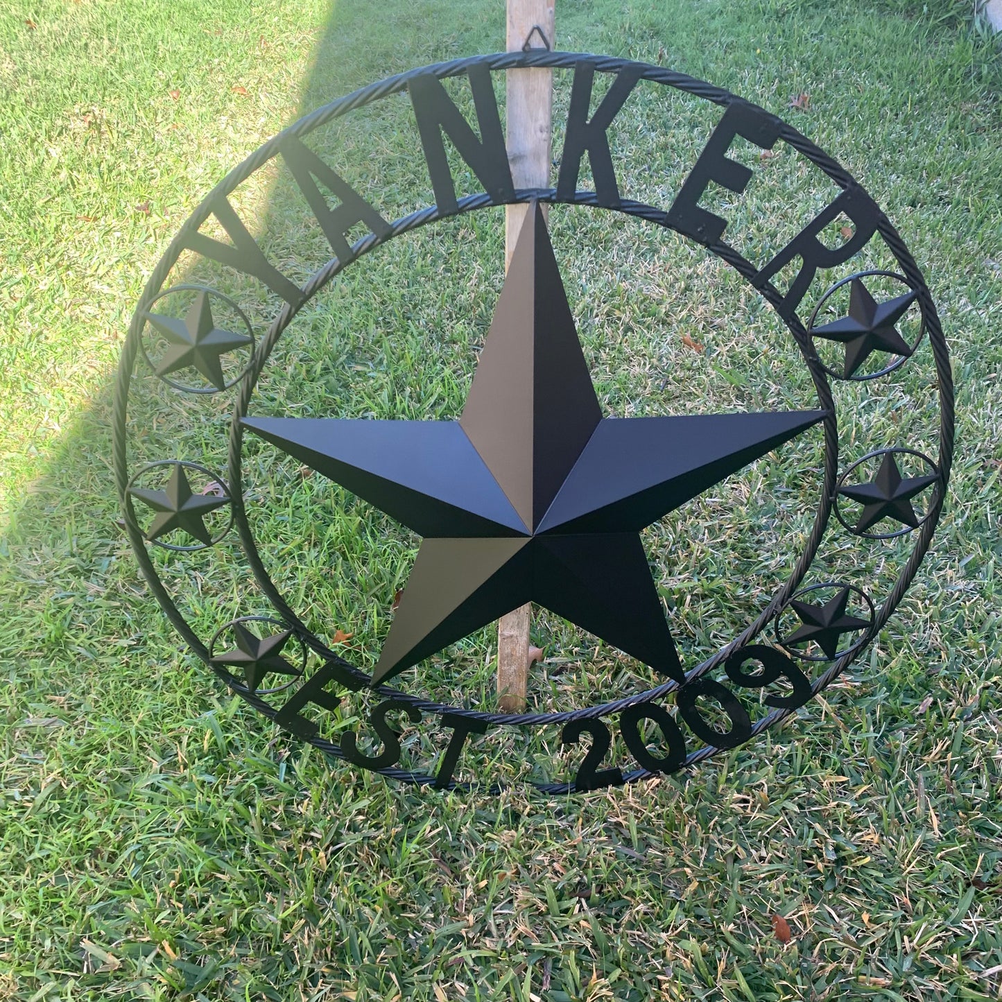YANKER STYLE CUSTOM NAME STAR BARN METAL STAR 3d TWISTED ROPE RING WESTERN HOME DECOR RUSTIC BLACK HANDMADE 24",32",36",50"