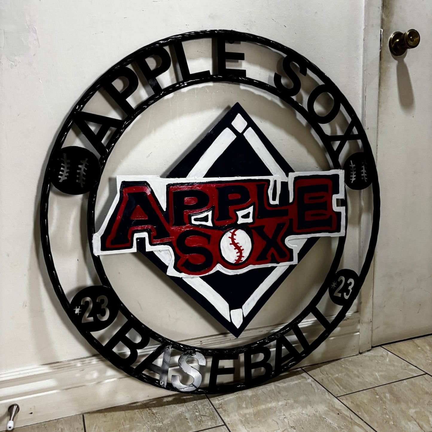 APPLE SOX BASEBALL CUSTOM METAL VINTAGE CRAFT SIGN TEAM NAVY BLUE WHITE RED HANDMADE