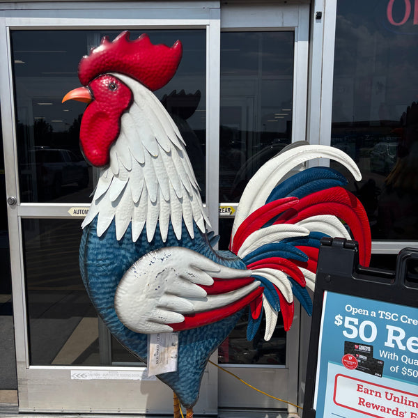 PATRIOTIC ROOSTER 6 FOOT CHICKEN GARDEN ANIMAL SCULPTURE METAL DECOR HANDMADE