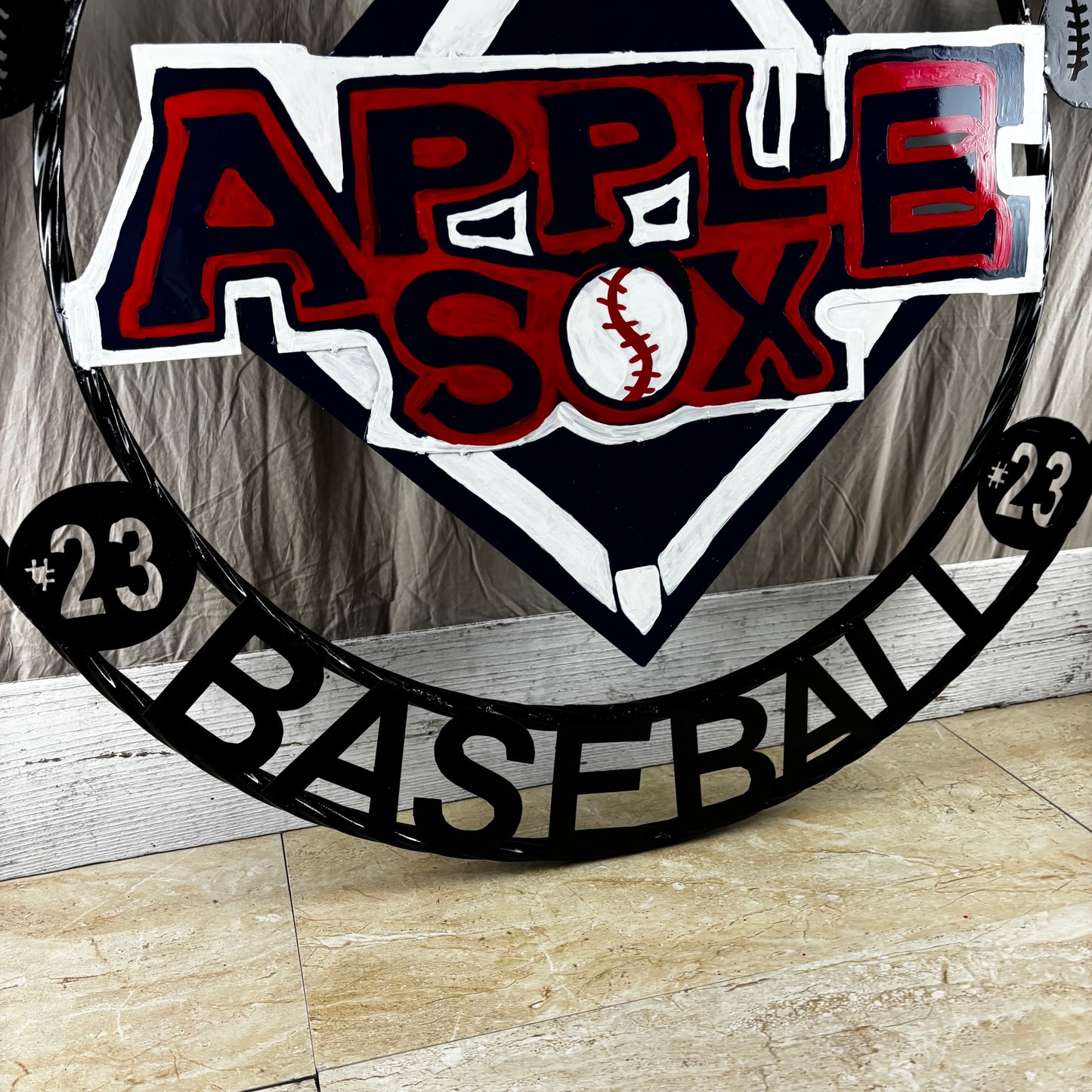 APPLE SOX BASEBALL CUSTOM METAL VINTAGE CRAFT SIGN TEAM NAVY BLUE WHITE RED HANDMADE