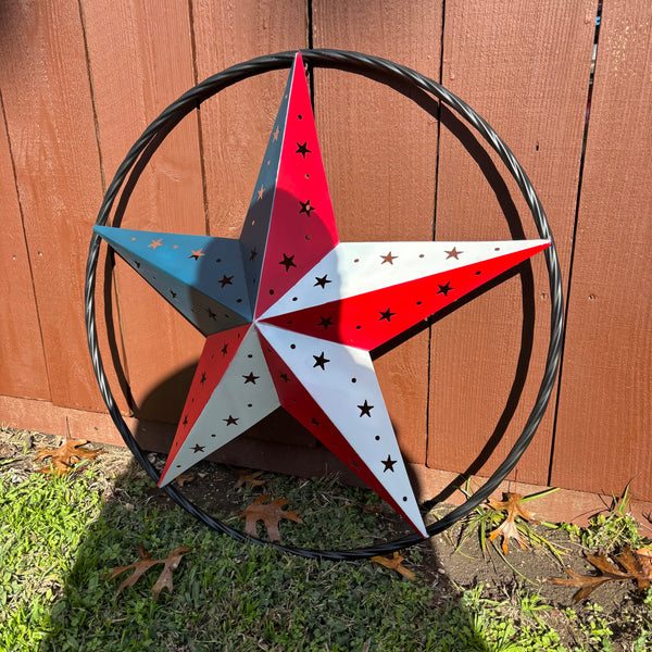 24" RED WHITE BLUE STAR USA FLAG STAR WITH SMALL STAR CUTOUT WESTERN HOME DECOR HANDMADE# EH12312