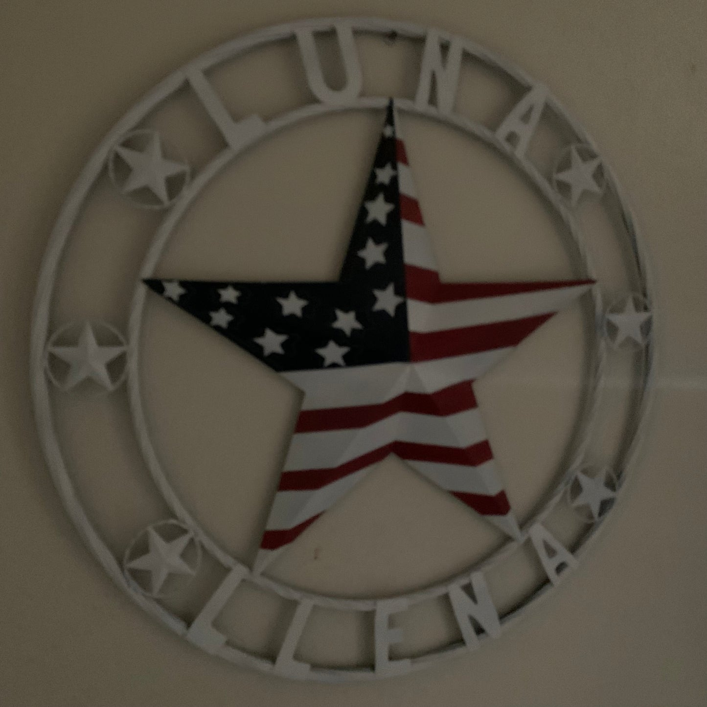 LUNA STYLE CUSTOM NAME BARN STAR METAL STAR 3d TWISTED ROPE RING WESTERN HOME DECOR USA FLAG STAR RED WHOTE & BLUE WITH WHITE RING HANDMADE 24",32",36",50"