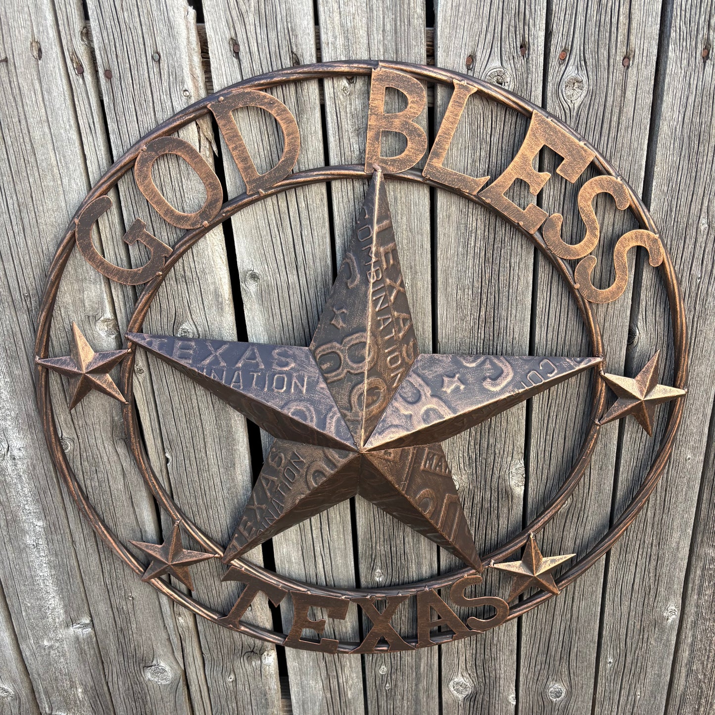 GOD BLESS TEXAS LICENSE PLATE EMBOSSED STAR BARN STAR METAL LONE STAR WESTERN HOME DECOR HANDMADE