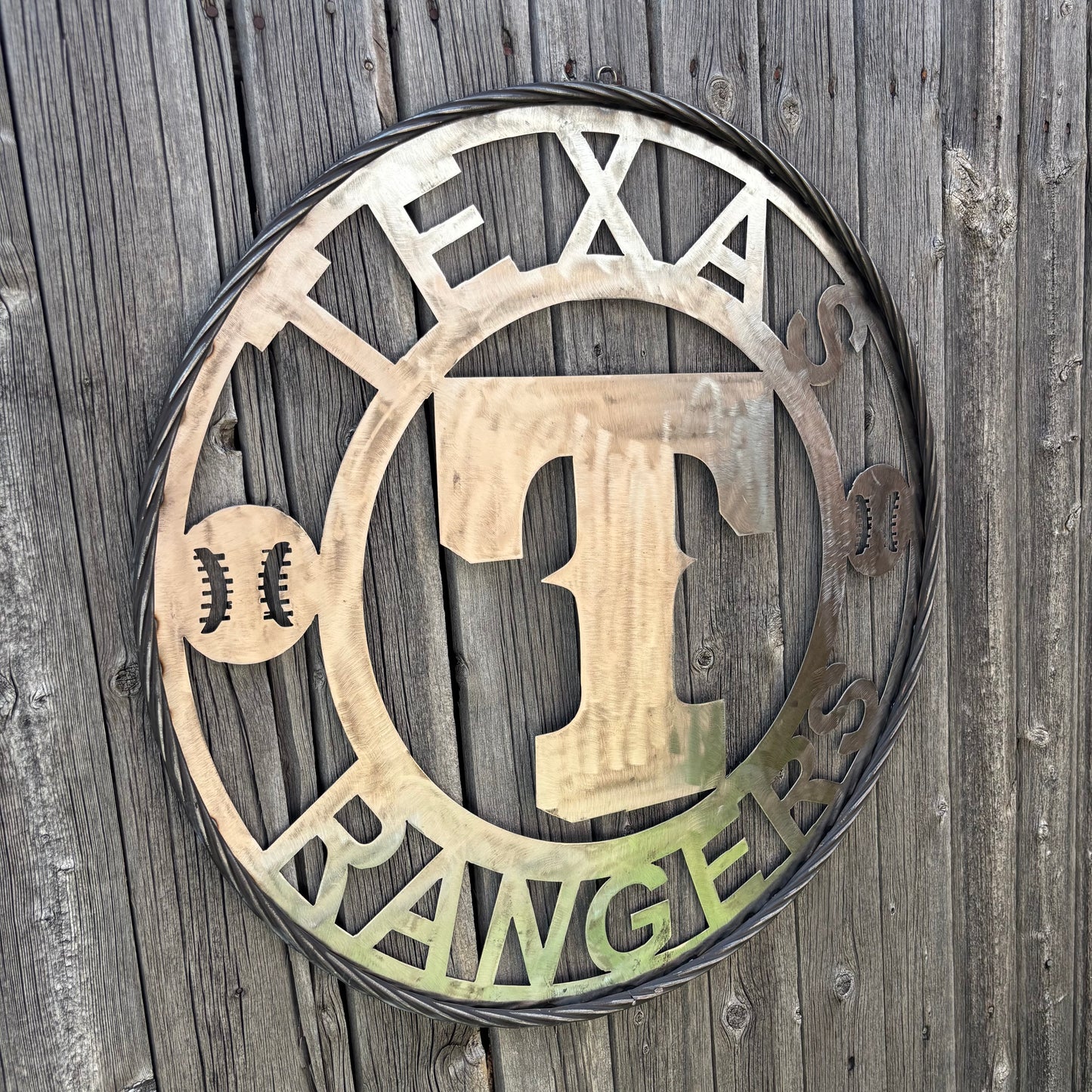 TEXAS RANGERS CUSTOM RAW METAL VINTAGE CRAFT TEAM SIGN TWISTED ROPE RING HANDMADE
