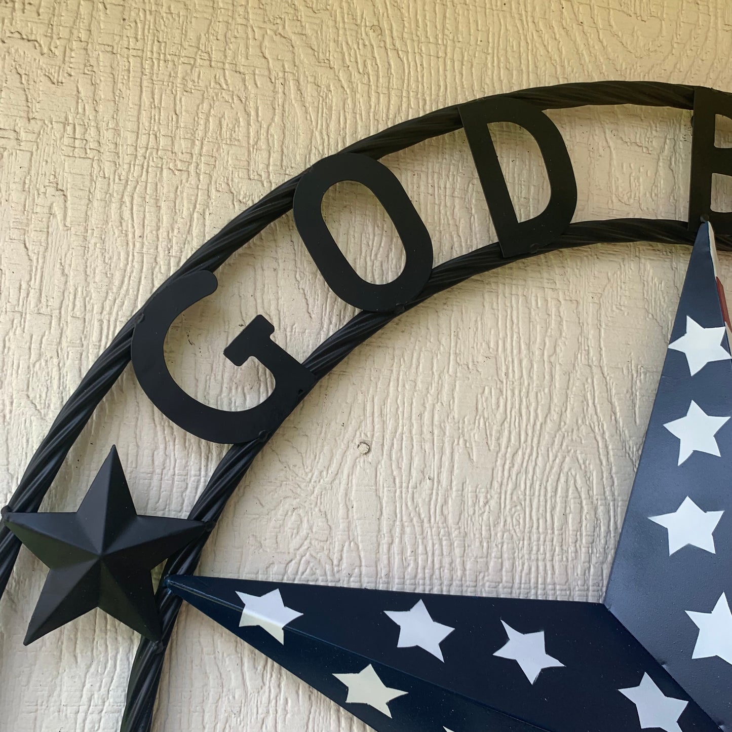GOD BLESS AMERICA USA FLAG 3d STAR METAL BARN STAR BLACK TWISTED ROPE RING WALL ART WESTERN HOME DECOR RED WHITE & BLUE HANDMADE NEW #EH10490