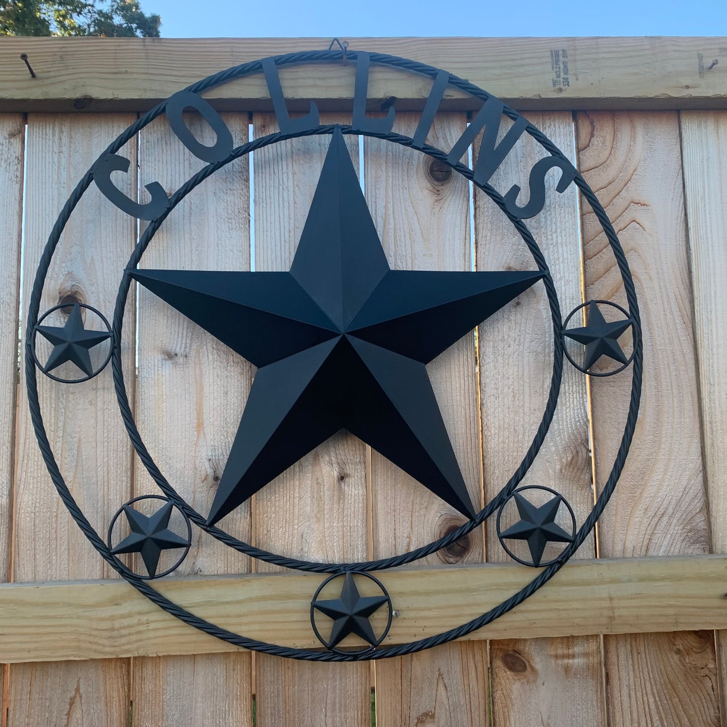 COLLINS STYLE CUSTOM STAR NAME BARN METAL STAR 3d TWISTED ROPE RING WESTERN HOME DECOR RUSTIC BLACK HANDMADE 24",32",36",50"