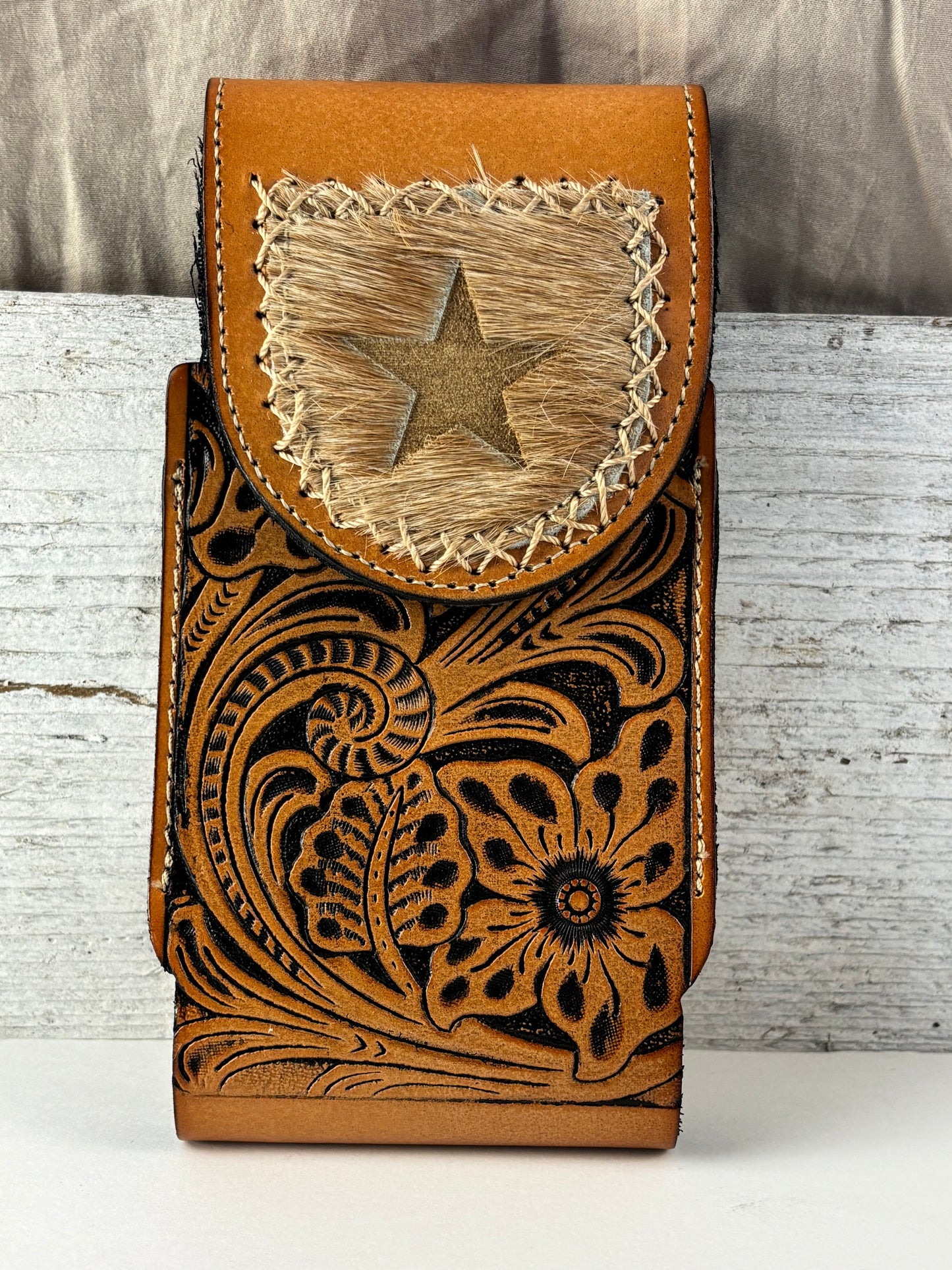 7" STAR LEATHER HOLSTER TAN BROWN STAR POUCH EXTRA LARGE  BELT LOOP CELL PHONE CASE UNIVERSAL OVERSIZE #EH13320