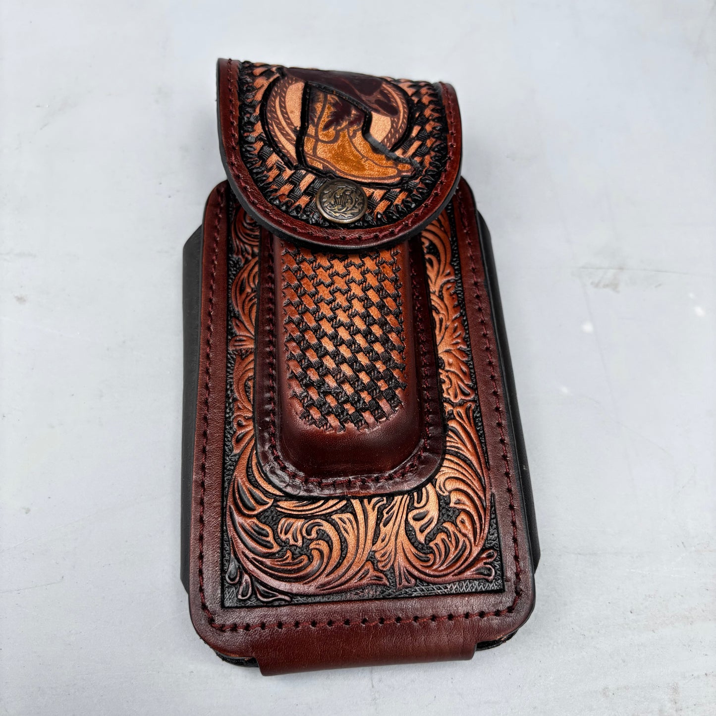 COWBOY BOOT HAT ROPING LEATHER HOLSTER 7" PHONE POUCH WITH KNIFE HOLDER FRONT EXTRA LARGE  BELT LOOP CELL PHONE CASE UNIVERSAL OVERSIZE MADE IN MEXICO #EH13862