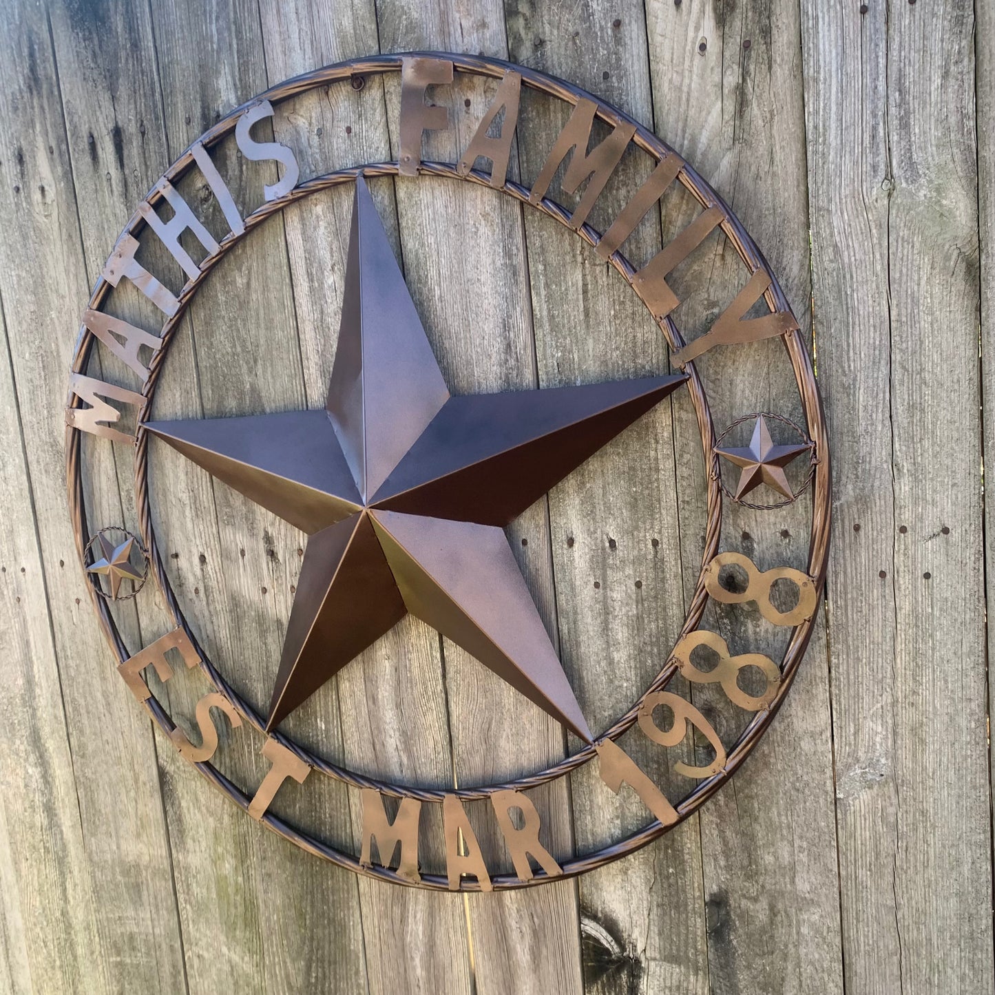 MATHIS STYLE CUSTOM NAME STAR BARN STAR 3d METAL LONESTAR TWISTED ROPE RING WESTERN HOME DECOR RUSTIC BRONZE COPPER HANDMADE 24",32",36",50"