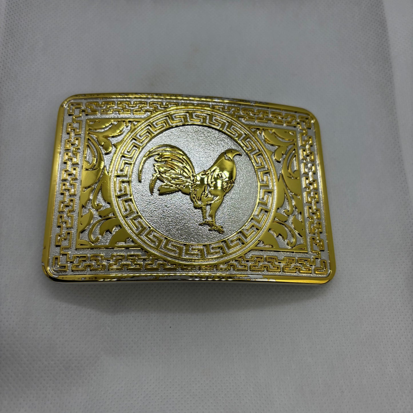 ROOSTER BELT BUCKLE GOLD WHITE WESTERN METAL BUCKLE FASHION ART 4.5" X 3.5"  #EH13237