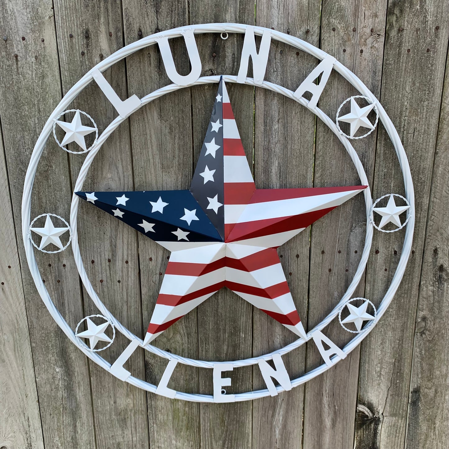 LUNA STYLE CUSTOM NAME BARN STAR METAL STAR 3d TWISTED ROPE RING WESTERN HOME DECOR USA FLAG STAR RED WHOTE & BLUE WITH WHITE RING HANDMADE 24",32",36",50"