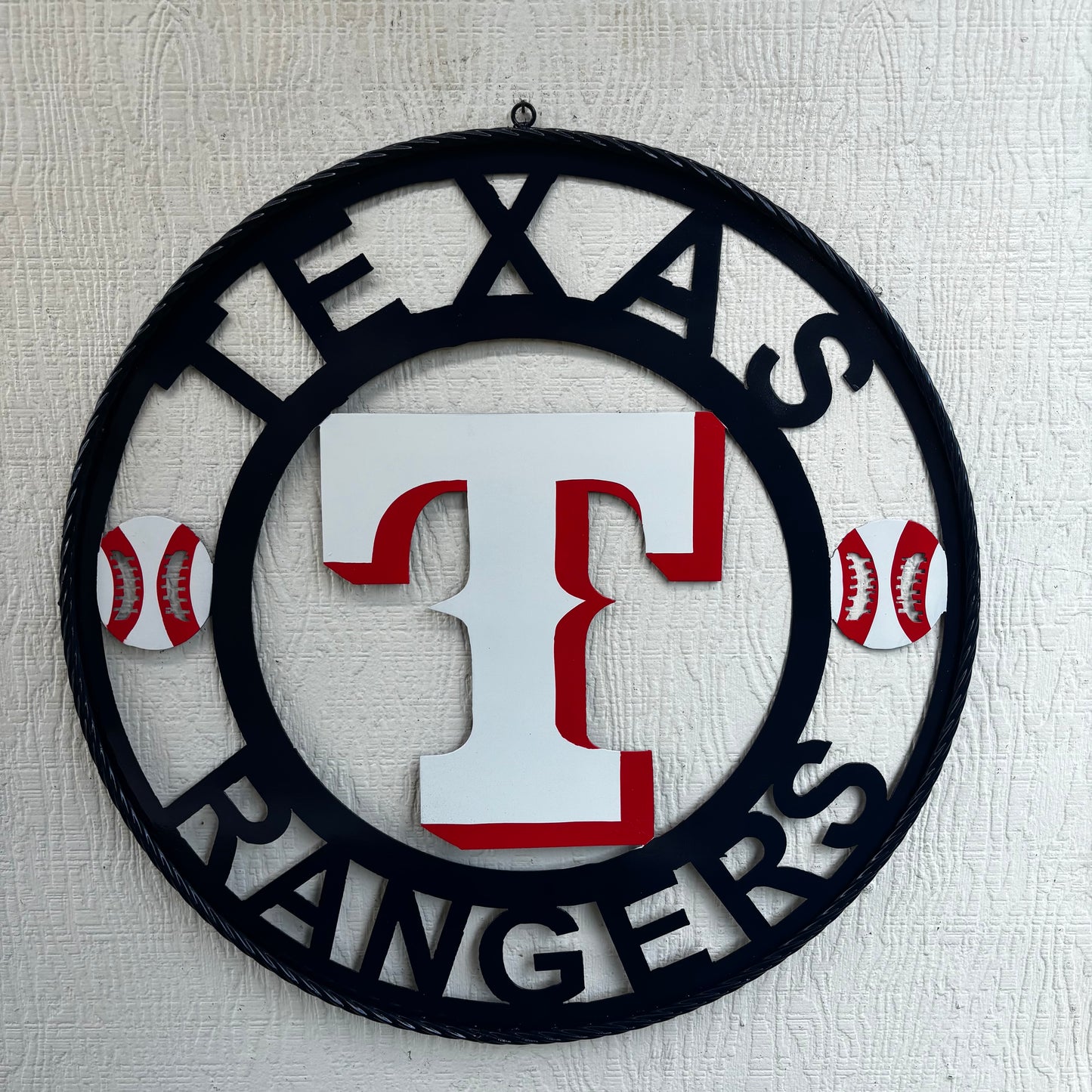 TEXAS RANGERS CUSTOM METAL VINTAGE CRAFT TEAM SIGN WHITE & RED & NAVY BLUE RING HANDMADE