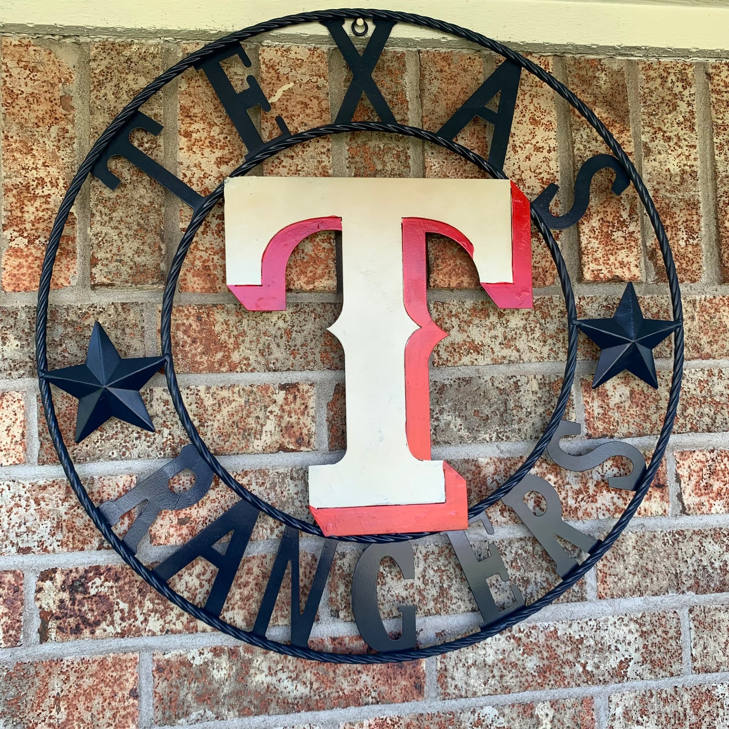 12", 18", 24", 32" TEXAS RANGERS BARN CUSTOM METAL VINTAGE CRAFT SIGN TEAM  WHITE & RED & NAVY BLUE RING & STAR HANDMADE