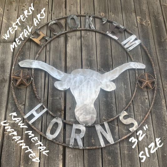 HOOKEM HORNS & LONE STAR TEXAS LONGHORNS HOOK EM RAW METAL UNPAINTED CUSTOM VINTAGE CRAFT WALL ART TEAM SIGN HANDMADE
