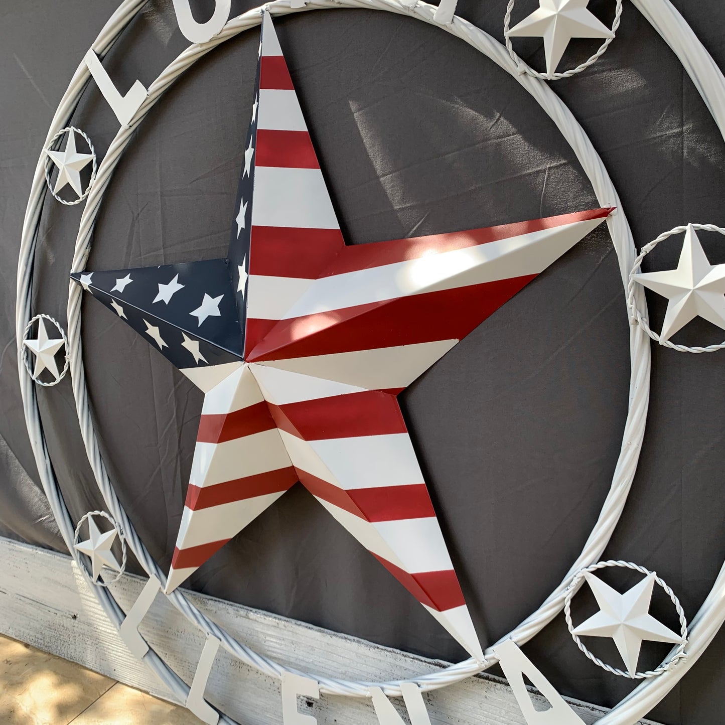 LUNA STYLE CUSTOM NAME BARN STAR METAL STAR 3d TWISTED ROPE RING WESTERN HOME DECOR USA FLAG STAR RED WHOTE & BLUE WITH WHITE RING HANDMADE 24",32",36",50"
