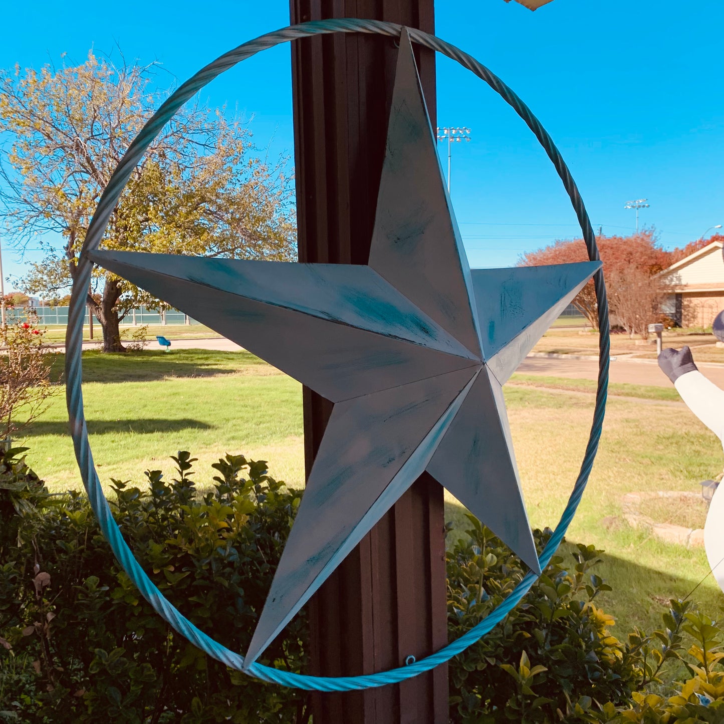 #EH11219 TURQUOISE WHITE DISTRESSED STAR TWO TONE TEXTURE BARN STAR METAL LONESTAR TWISTED ROPE RING WESTERN HOME DECOR HANDMADE NEW