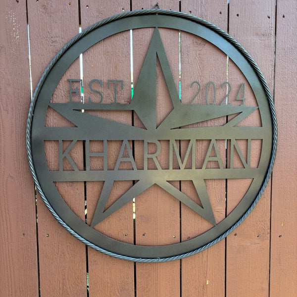 30" KHARMAN CUSTOM NAME SIGN LASERCUT CUSTOM METAL VINTAGE CRAFT SIGN WITH TWISTED ROPE RING WESTERN HOME DECOR HANDMADE NEW