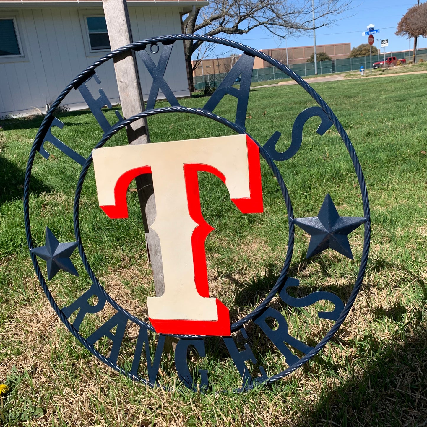 12", 18", 24", 32" TEXAS RANGERS BARN CUSTOM METAL VINTAGE CRAFT SIGN TEAM  WHITE & RED & NAVY BLUE RING & STAR HANDMADE
