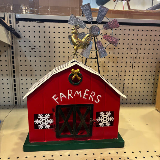FARMERS CHRISTMAS RED BARN 13" x 20" x 7" METAL WESTERN HOME DECOR HANDMADE #EH13586
